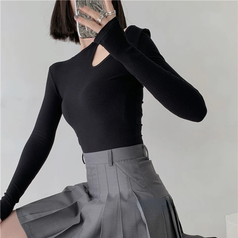 

Design Hollow-out T-shirt Spring Summer Fashion Tops 2023 Round Neck Long Sleeve T-shirt Korean Style Solid Color Casual Tops