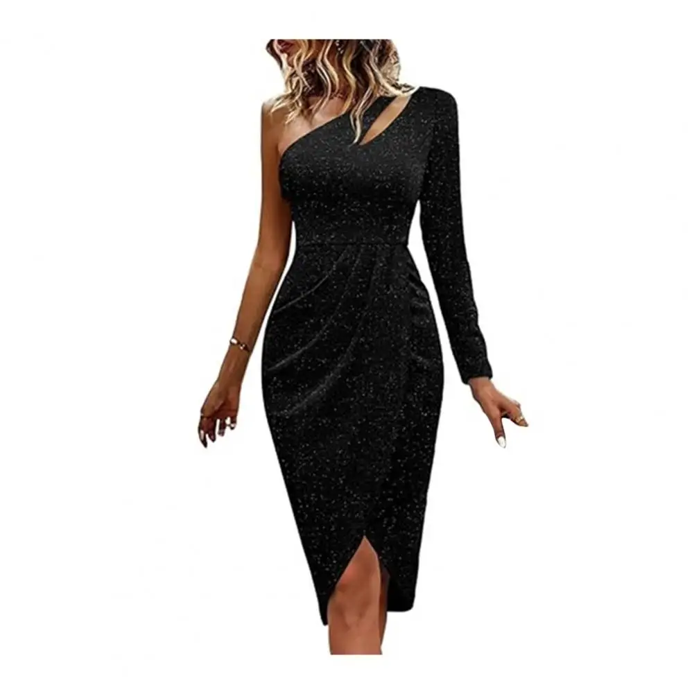 

Women Sexy One-Shoulder Long Sleeve Sparkling Dress Diagonal Collar Hip Wrapped Pleated Bodycon Dress