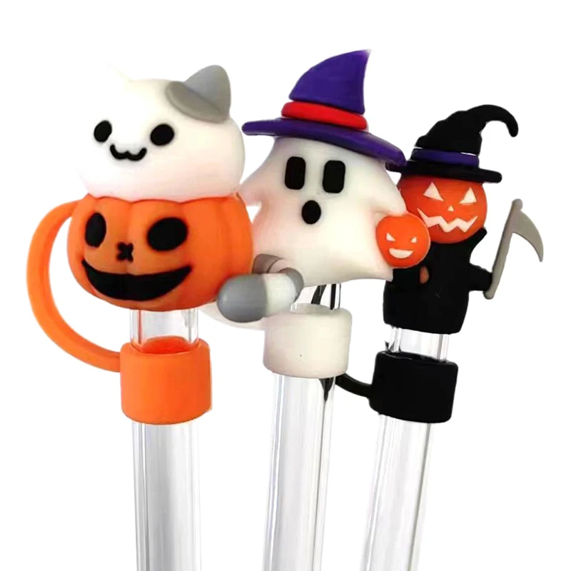 Cartoon Kürbis Geist Silikon Stroh abdeckungen für Tasse trinken Staub kappe Strohs pitzen decken Halloween Party Cup Zubehör