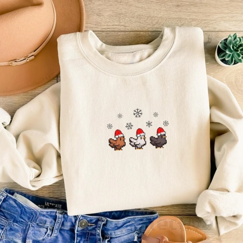 

Рождественский свитшот Stardew Valley Chicken, праздничные осенние и зимние термоодинаковые толстовки с круглым вырезом и длинными рукавами для геймеров, топы