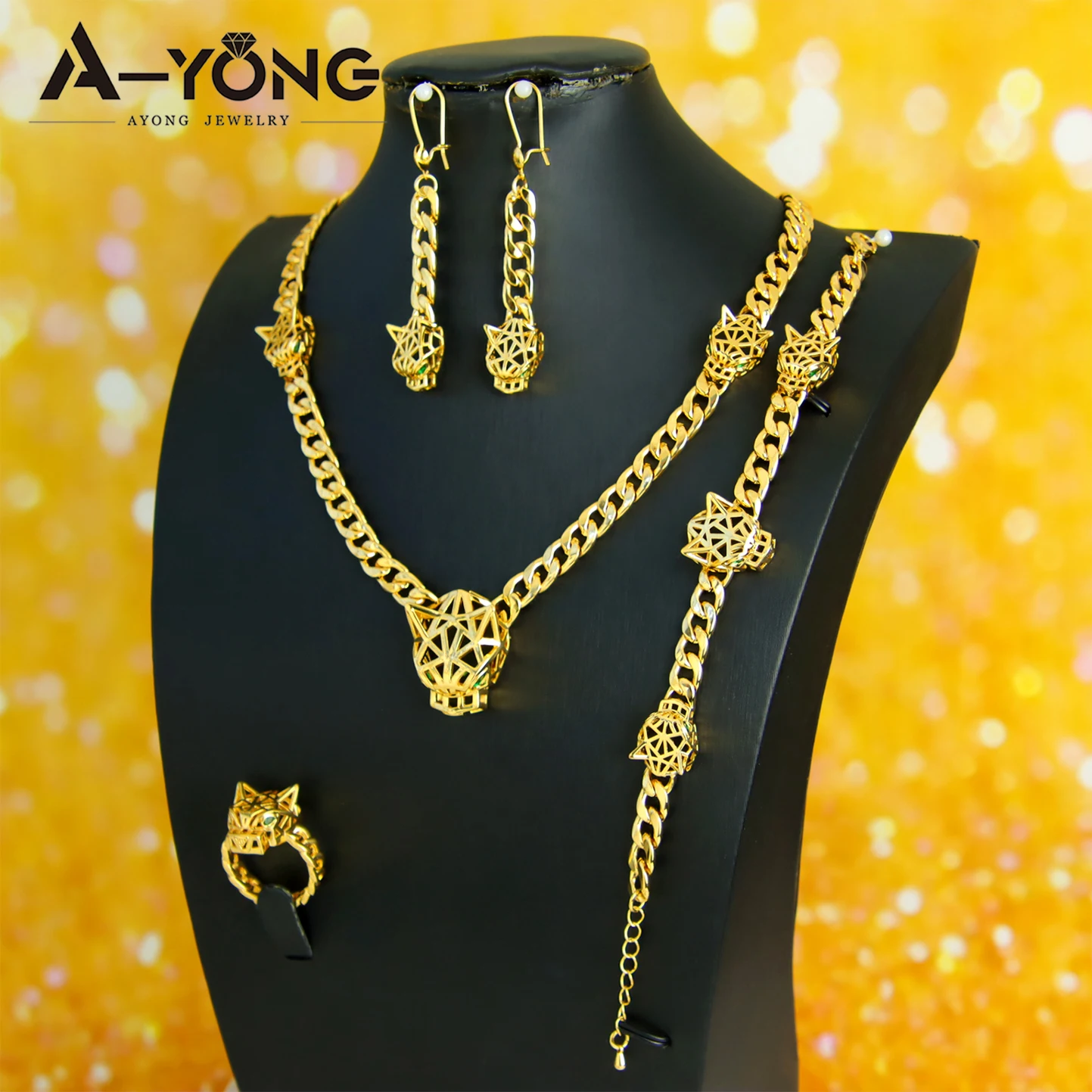 Luxus Dubai Gold Farbe Leopard Anhänger Halskette Set 21k Gold Überzogene Italienische Mode Panther Colliers Saudi Party Schmuck – Detail 1