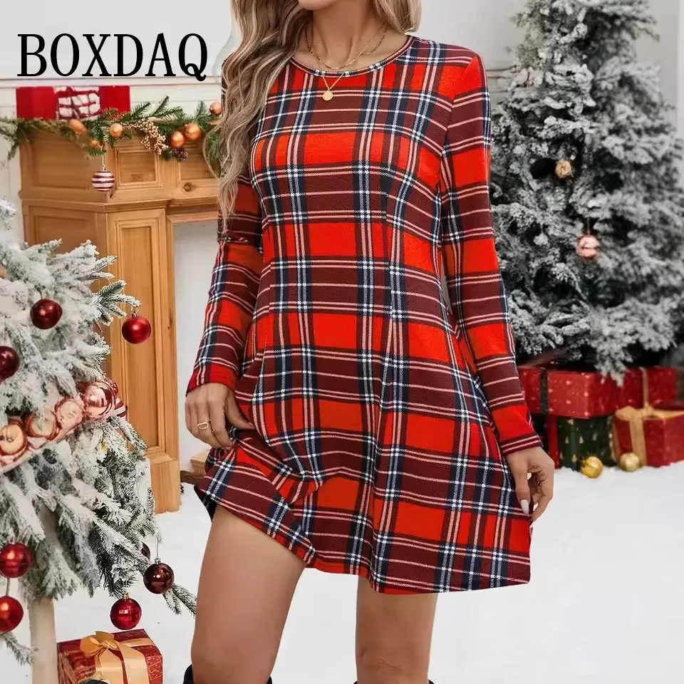 

Elegant Christmas Plaid Long Sleeve Party Dresses Women's Fashion Round Neck 2025 New Winter Loose A-Line Mini Dress Vestidos