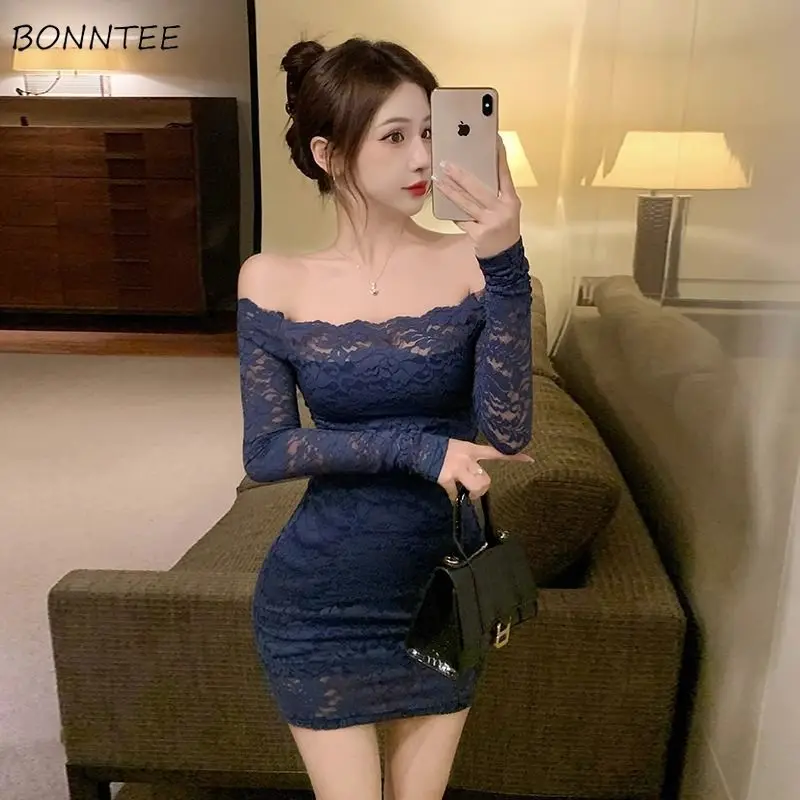 Chic Long Sleeve Dress Women Slim Sexy Lace Frock Ladies Slash Neck Hollow Cut Streetwear Hot Fashion All-match Partywear Ins BF