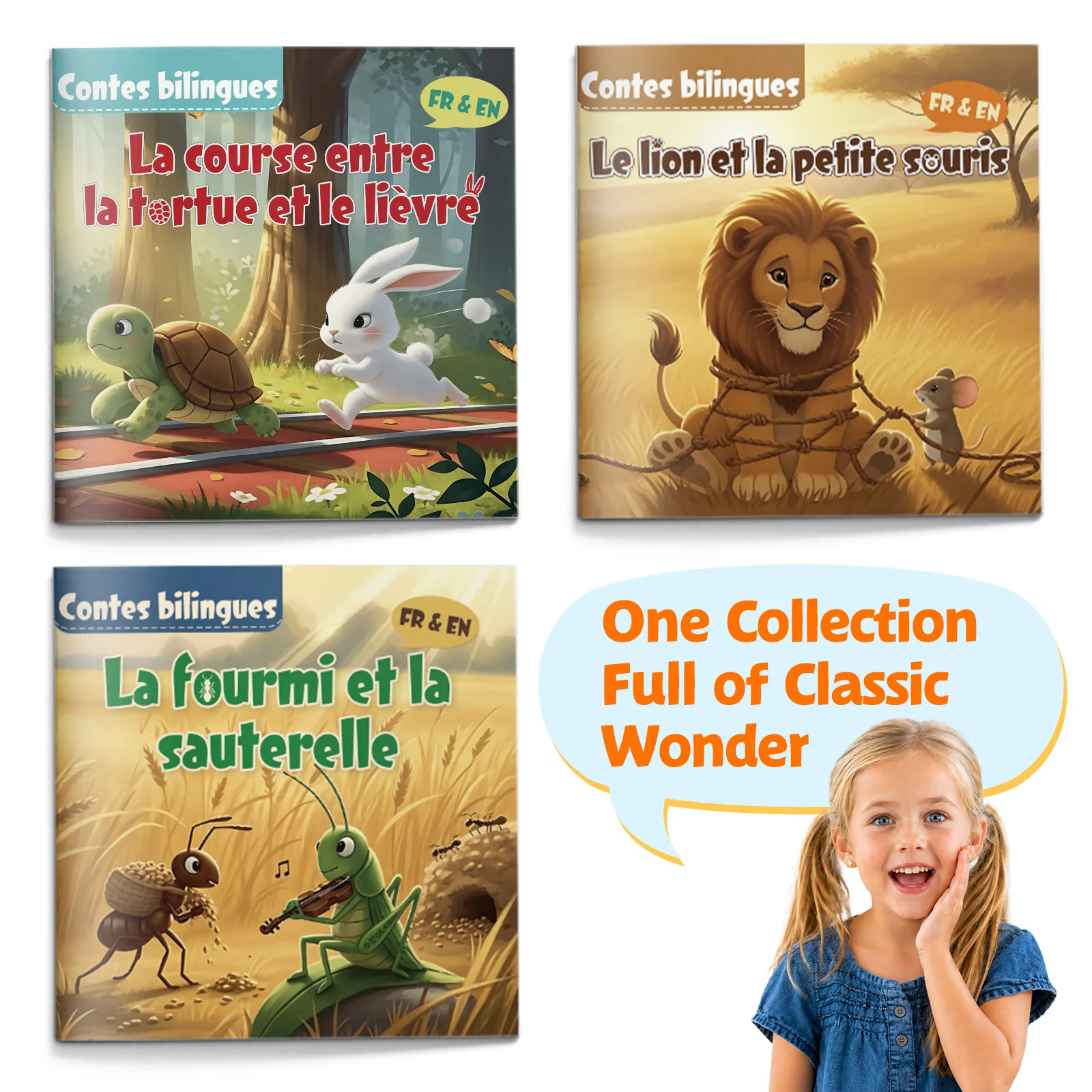 French-English Bilingual Fables 3-Book Set for Kids: Classic Picture Storybooks, Tortoise & Hare, Lion & Mouse, Ant