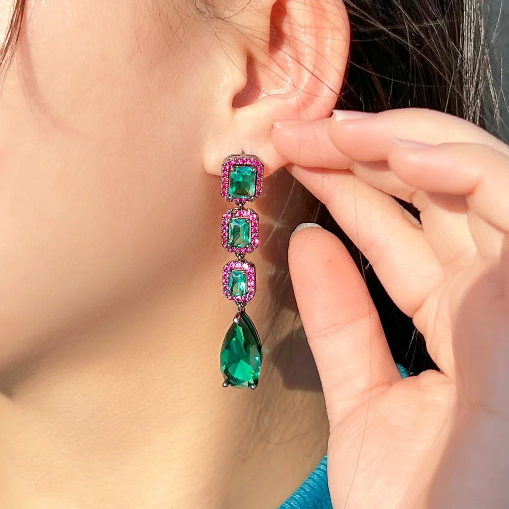 Pera elegante largo de noche verde oscuro rojo Cubic Zirconia pendientes de gota de agua para esposa mujer joyería para fiesta y boda regalo E110
