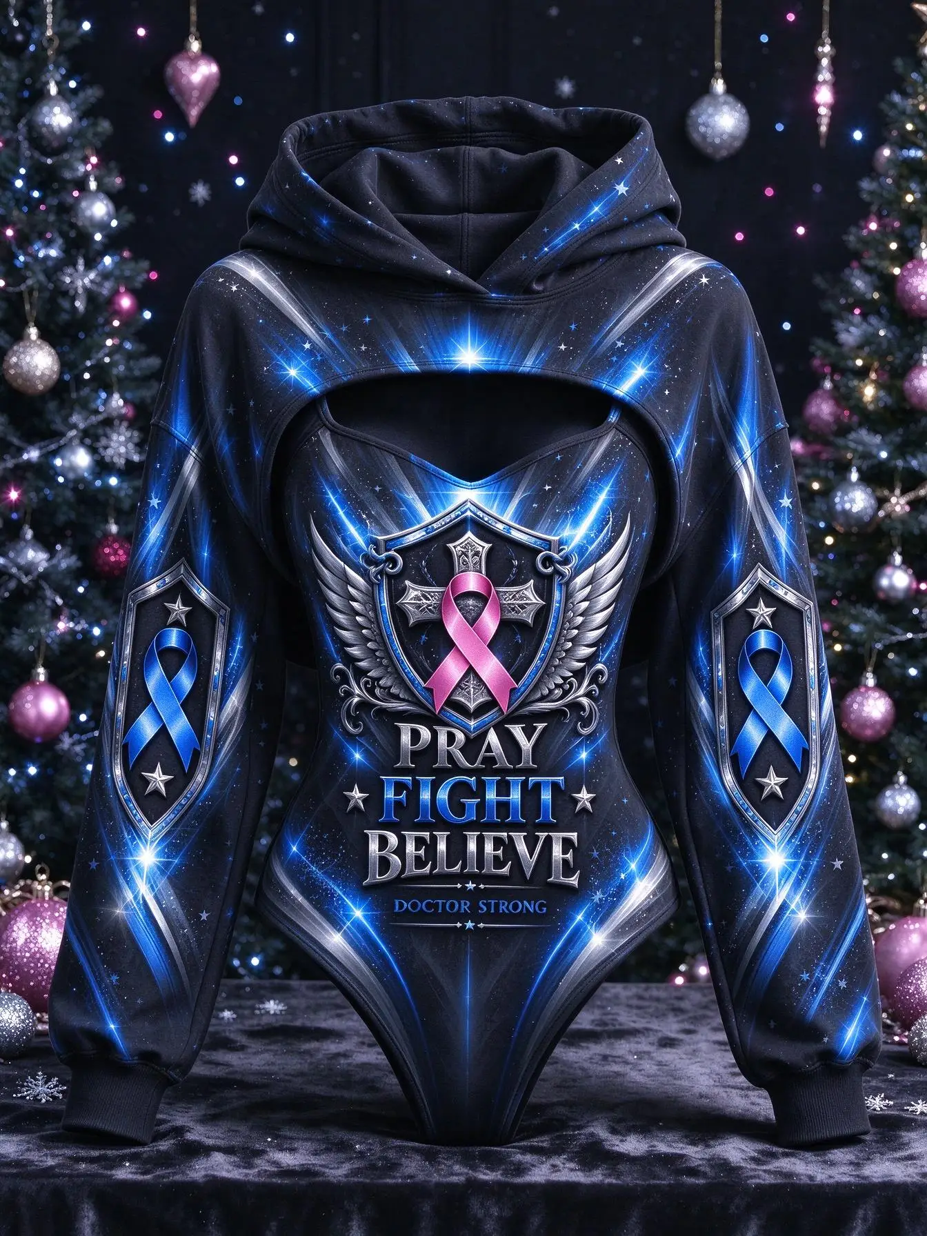Women 2Pcs Pink Ribbon Pray Fight Believe Print Bodysuit + Hooded Shrug Xmas Costume