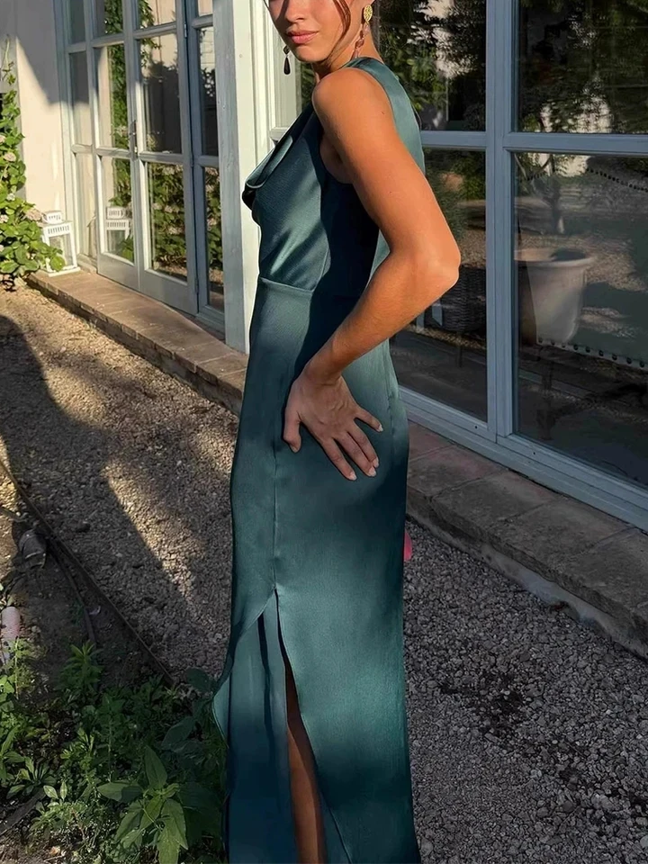 

Sexy Swinging Collar Satin Spliced Dress Summer Sleeveless Slim Wrap Hips Dress Elegant Lady High Waist Hollow Out Evening Dress