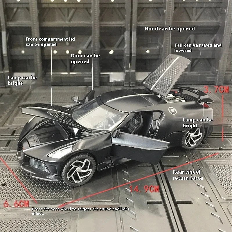 Para 1:32 bugatti la voiture noire carro esportivo liga diecast simulação modelo de metal som & luz puxar para trás brinquedo coleção crianças brinquedos