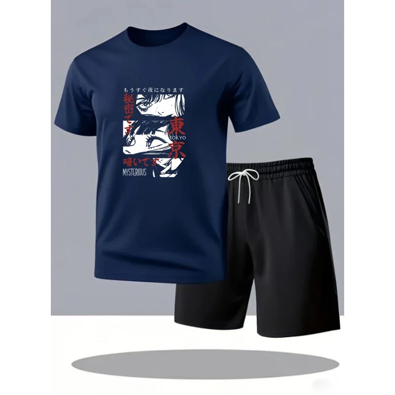 

Черная футболка и шорты в стиле Harajuku Kanji Anime Tokyo для мужчин, повседневный костюм с графическим принтом «Таинственные глаза»