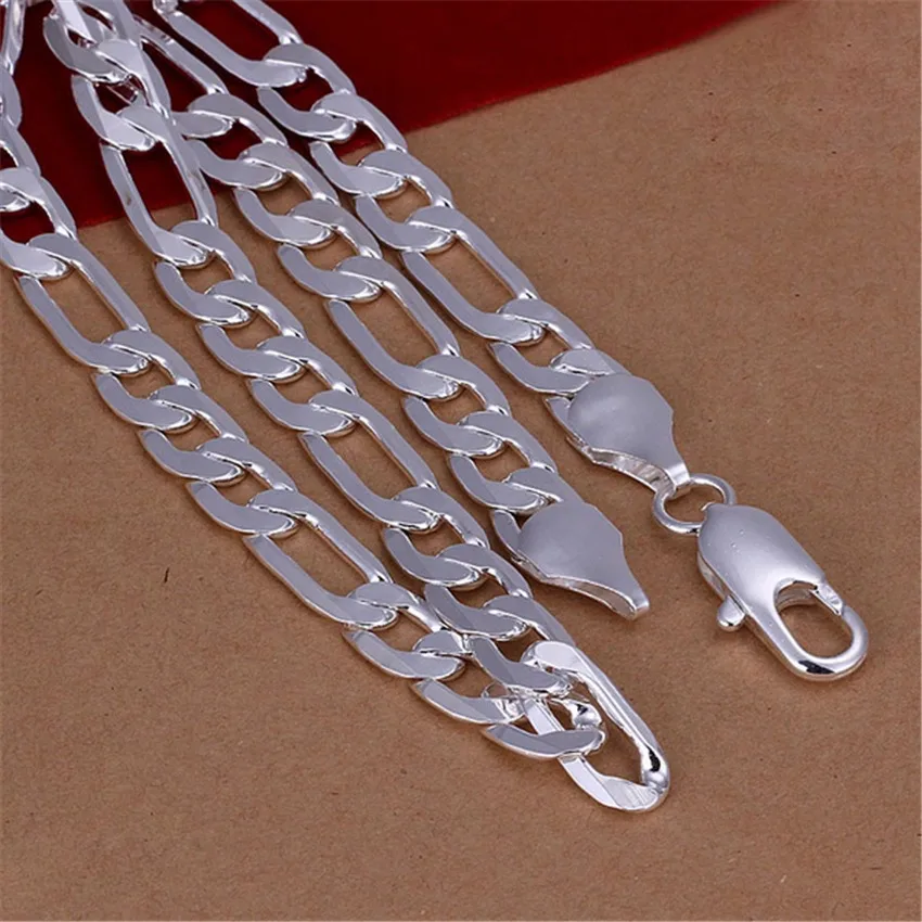 Korean version 925 sterling silver chain, fashionable and charming jewelry, hip-hop men's 10mm side facing Figaro necklace