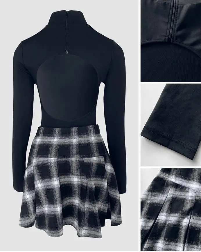 Women's Two Piece Outfits In Summer Daily Clothing High Neck Long Sleeve Backless Romper & Casual Plaid Print Pleated Skirt Sets