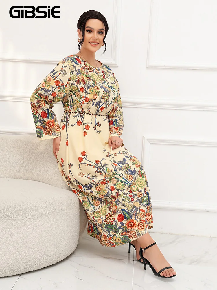 GIBSIE Plus Size Floral Print Belted Maxi Dress Women 2023 Autumn New Vintage Long Sleeve O-Neck Casual Loose Boho Dresses