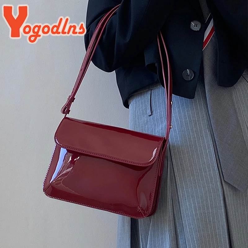 Yogodlns Luxury Patent Leather Women\'s Bag Fashion Underarm Bag Designer Small Square Crossbody Bag Casual Ladies Handbag Purse