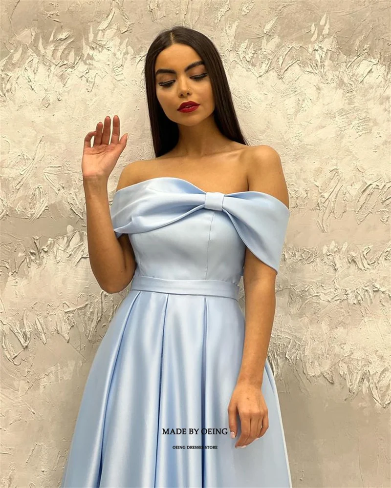 OEING Baby Blue Bow Off The Shoulder Simple Pleated Evening Dress Stain Prom Gown Floor Length Party Dresses For Club Gowns