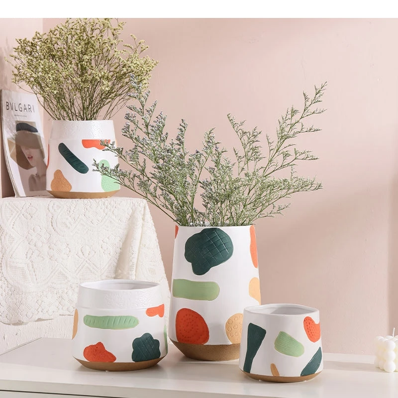 Painted Pattern Ceramic Vase Hydroponics Flowers Pots Desk Decoration Flower Arrangement Simplicity Floral Vases Modern Decor
