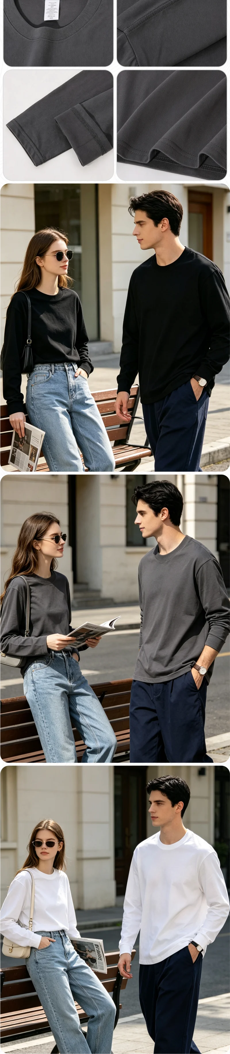 100% Baumwolle Langarm-T-Shirt, lässiger Rundhalsausschnitt, weiches Unisex-Alltags-T-Shirt, einfarbig, mit individuellem Druck und Stickerei, Oberteil für Männer und Frauen. – Detail 2