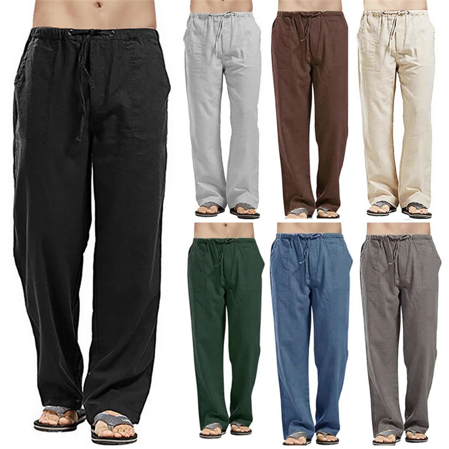 Calça reta de linho algodão masculina, calça larga para ioga, calça solta respirável, linho fino, férias de verão, casual, nova