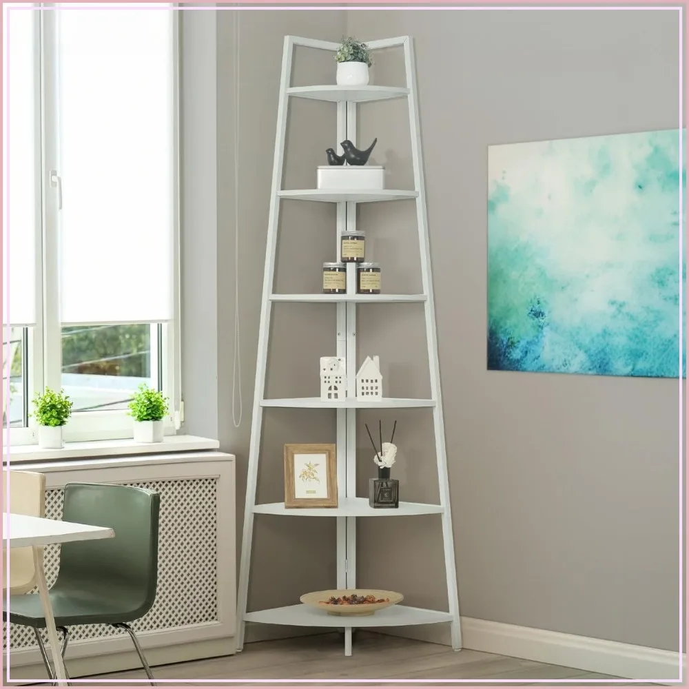 6-Tier Corner Shelf Stand Tall Ladder Bookshelf Wood Storage Display Rack with Metal Frame White