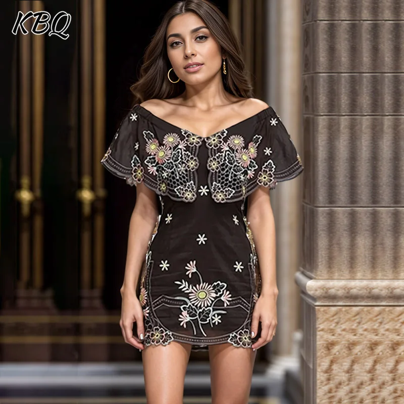 

KBQ Patchwork Embroidery Mini Dresses For Women Square Collar Off The Shoulder Sleeve High Waist Slimming Dress Female Fashion