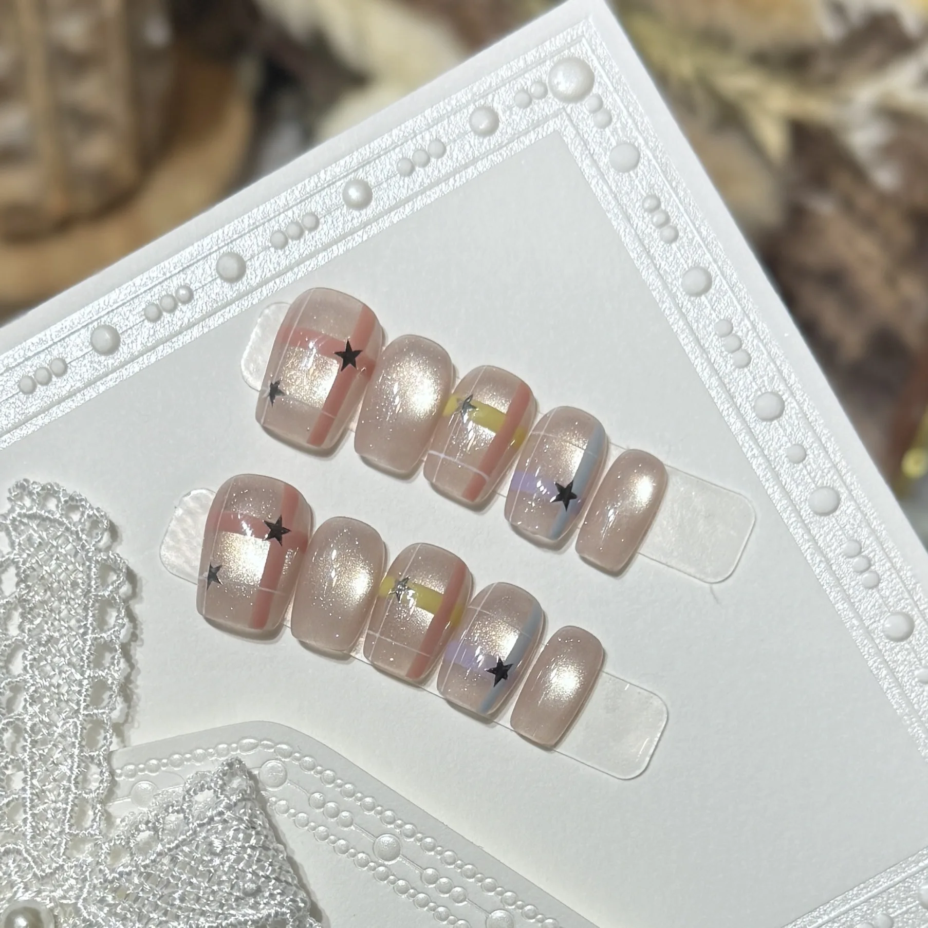 

10Pcs Cat's Eye Square Handmade Press on Nails Star Sequin Fake Nails Colorful Stripe Detachable Full Cover False Nails Tips Art