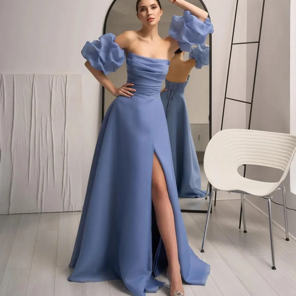 Elegant Long Blue Strapless Satin Evening Dresses Puffy Sleeves with Slit A Line Floor Length Robe De Soiree