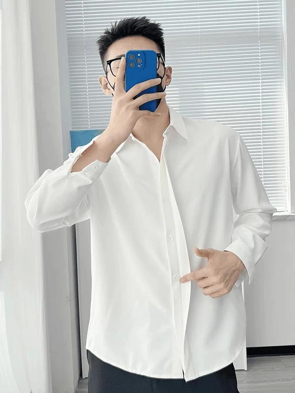 

Trendy White Loose Long Sleeve Men's Shirt Feeling Naples High End Style Button down Casual Dresswear Standard Fit