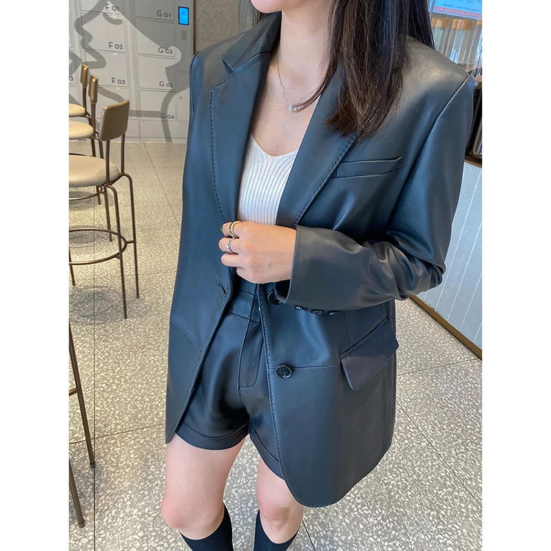 Genuine Leather Blazer for Womens Commuter Style Single-Breasted Camel/Black Mid-Length Sheepskin Clothing Female Suit Jackets