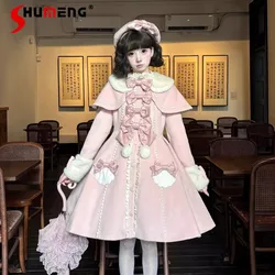 Lolita New Original Design Rojita Sweet Style Japanese Cute Pink Long Coat Long-Sleeved Single-Breasted Jacket Women's Clothing