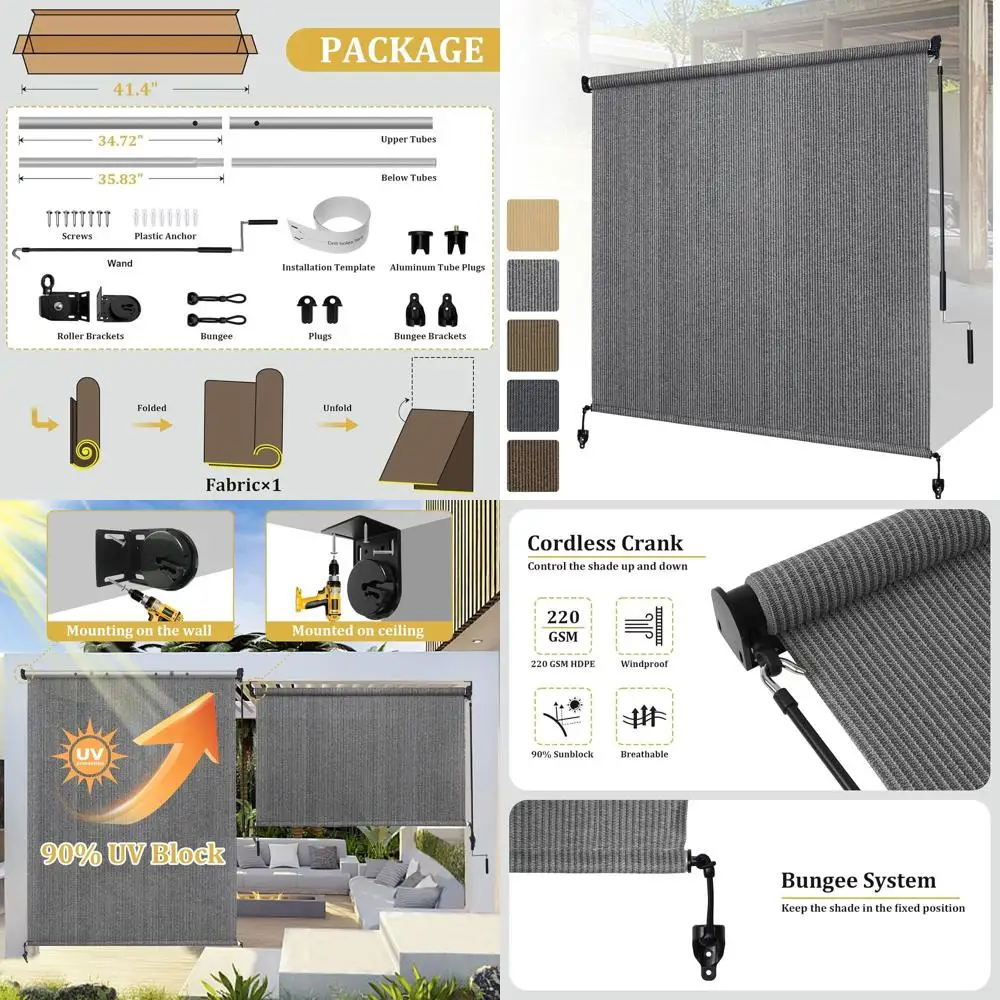 ظلال دوارة خارجية لاسلكية باللون الرمادي، عرض 6 أقدام × ارتفاع 8 أقدام، تصميم مقسم للفناء والشرفة والمراقبة