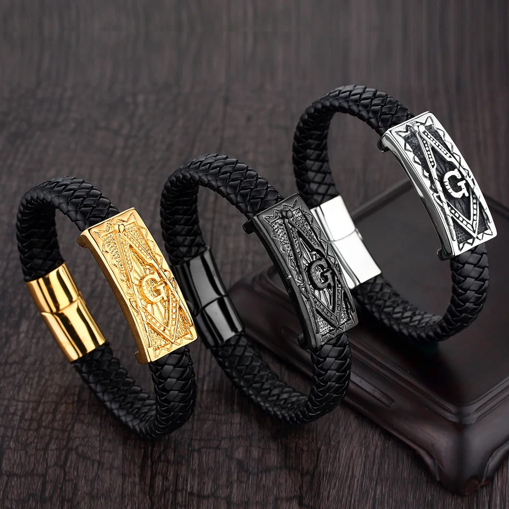 Classic Braided Leather Masonic Totem Bracelet Men's Charm Magnetic Clasp Bracelet Jewelry Gift