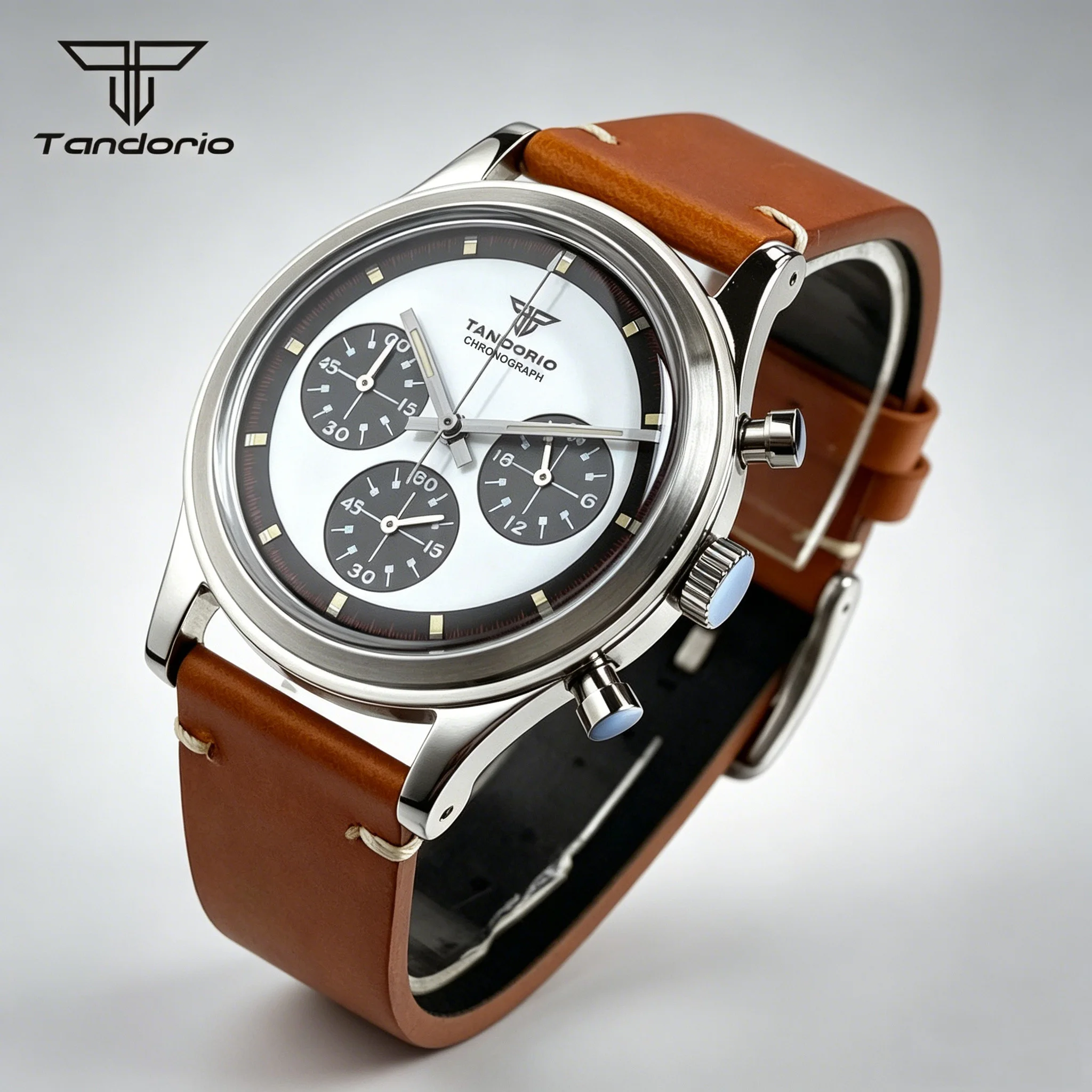 Tandorio Men's 38mm VK63 Quartz Multi-Functional Watch Panda Dial Chronograph Stopwatch Fashion Sports Wristwatch Leather Strap