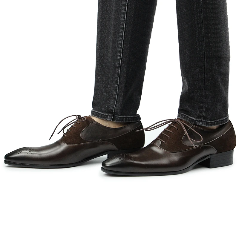 Luxury Mens Formal Brogue Shoes Brown Leather Oxford Shoes Fashion Handmade Patchwork Casual Shoes Business Retro Office
