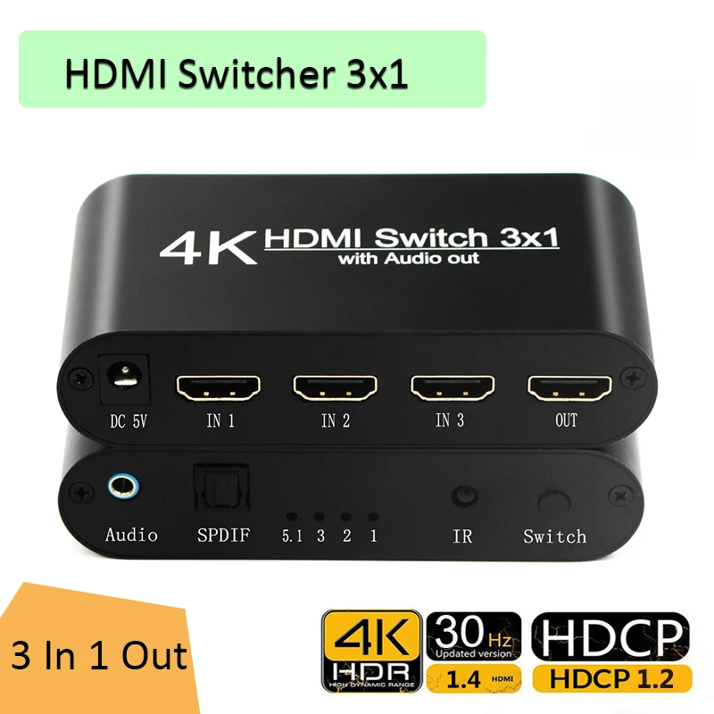 4K HDMI Switcher 3X1 3 untuk 1 1080P HDMI Ke HDMI Audio Extractor dengan Remote Audio SPDIF Out Untuk TV PC Proyektor Kamera