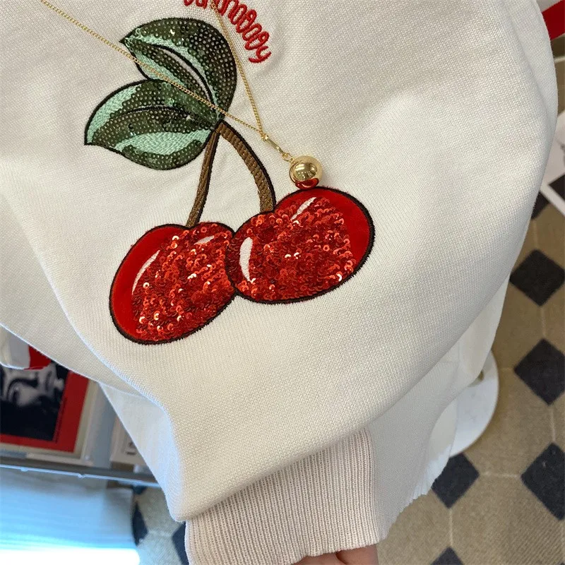 Summer Cherry Sequins Knit Sweater Tshirt Women 2024 Fashion Casual Embroidery Sweet Top Pullover Short Sleeve Loose Ladies Tops