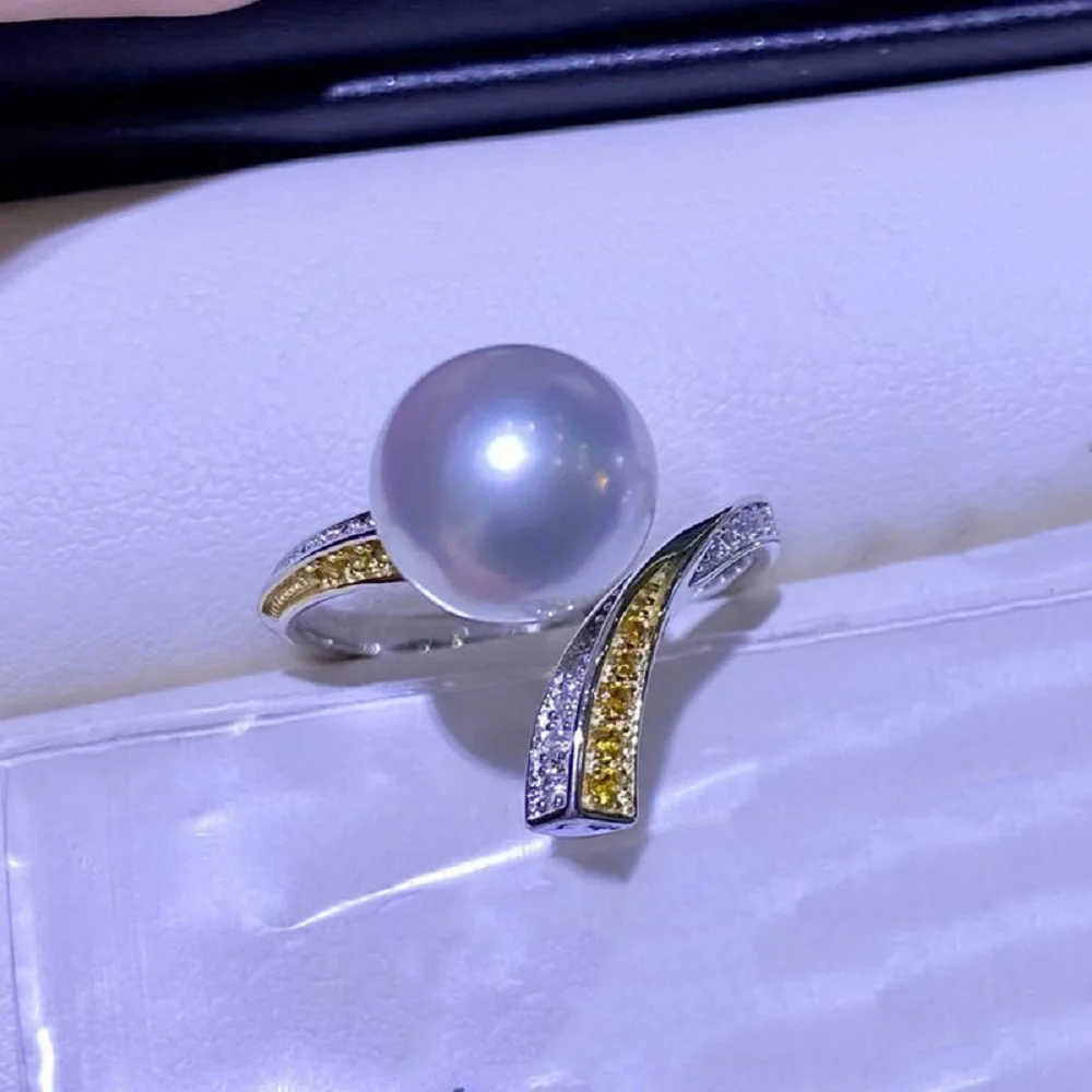 S925 Pure Silver Personalized Fashion Pearl Ring AAAA10-11mm Natural South Sea Round White Pearl Ring
