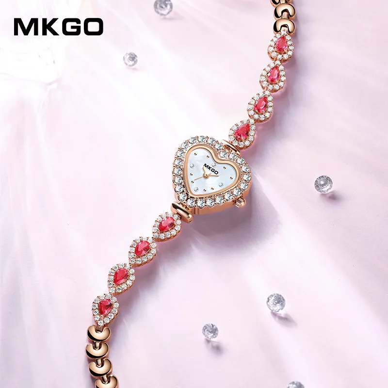 MKGO Heart Design Rhinestone Women Watches For Ladies Wrist Watches 2023 Top Brand Luxury Stainless Steel Rose Gold Dropship