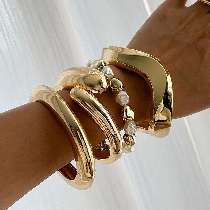 Fashion Exaggerated Wide Cuff Irregular Geometric Gold Color Chunky Bangles Bracelet for Women Men Punk Hip Hop  Jewelry Gift