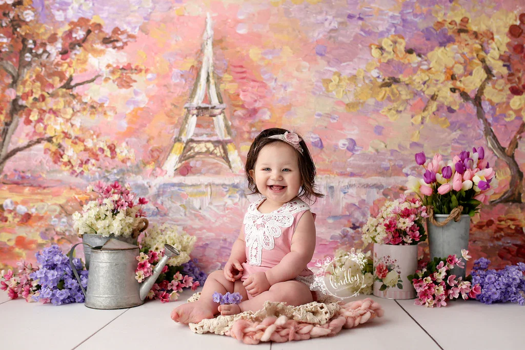 Birthday Photocall Pink Paris Eiffel Tower Flowers Chandelier Custom Photography Backdrops Baby Newborn Backgrounds Prop