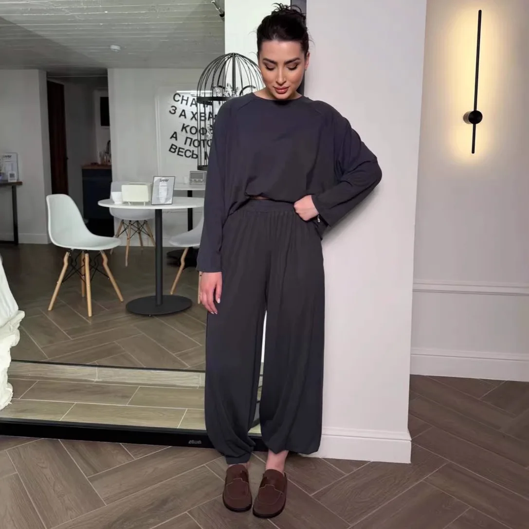 O Neck Full Sleeve Back Lace Up Shoulder Pad Shirt Straight Pants Set Casual Spring Lady Suit for Women