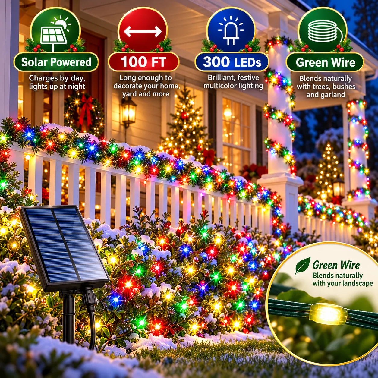 Christmas Lights, 300 LED Solar String Lights 100FT Outdoor Garden Fairy Lights, Green Wire IP65 Waterproof 8 Modes Solar Powered Decorative Lights for Christmas Tree Yard Patio Fence Party