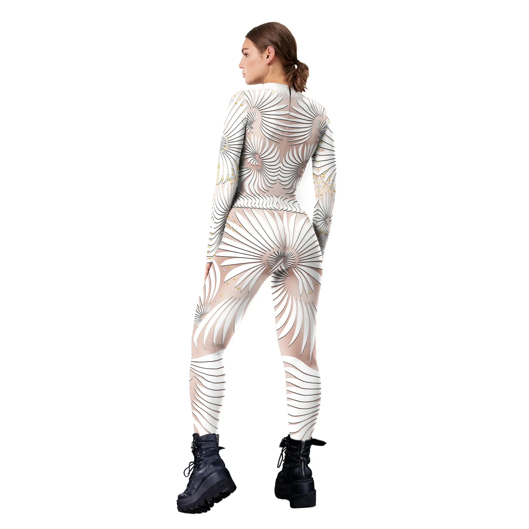 Cosplay Shiny Lace Sequins Printed Jumpsuit Long Sleeve Bodycon Bodysuit Sexy Adult Carnival Party Performance Zentai Catsuits