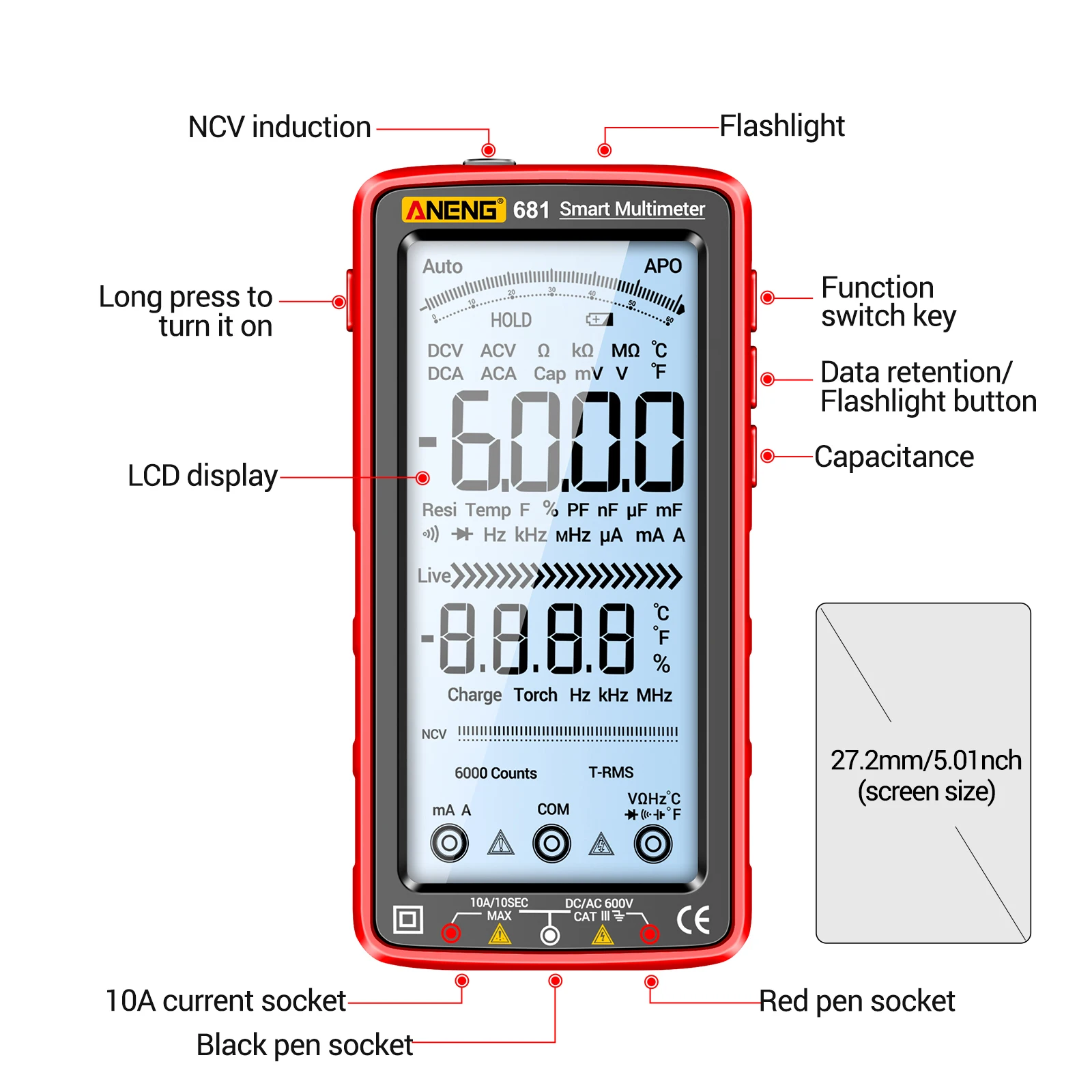 ANENG 681 6000 التهم الرقمي المتعدد الذكية المضادة للحرق قابلة للشحن العالمي متر NCV تستر 5 بوصة LCD الخلفية مصباح يدوي