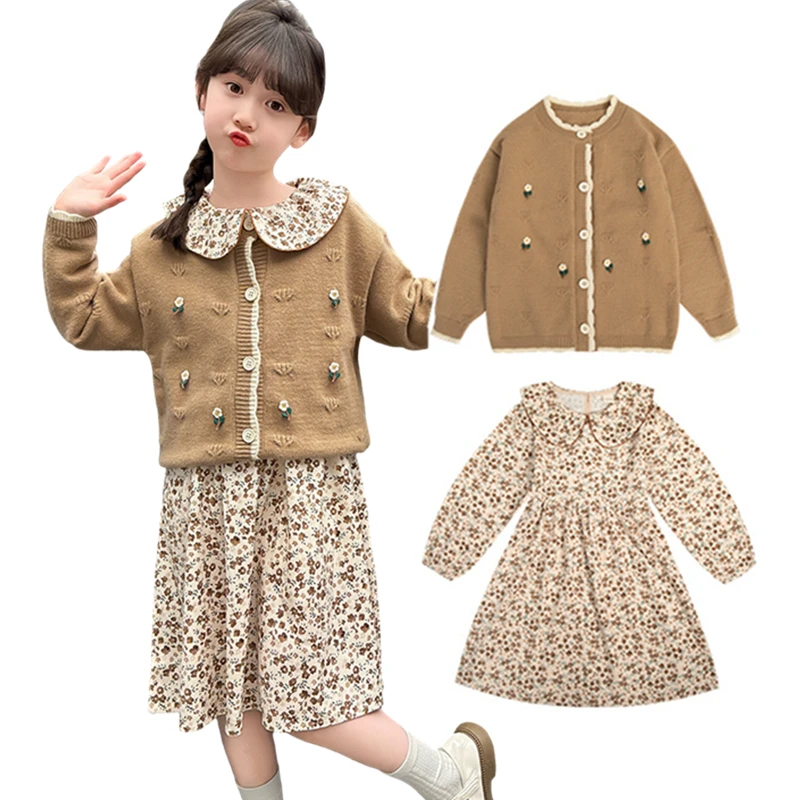 Teen Girls Autumn Outfits Fashion Two-piece Clothes Set Kids Dress with Cadigan Sweater Two Set Children Clothing Suit 4-13 Year