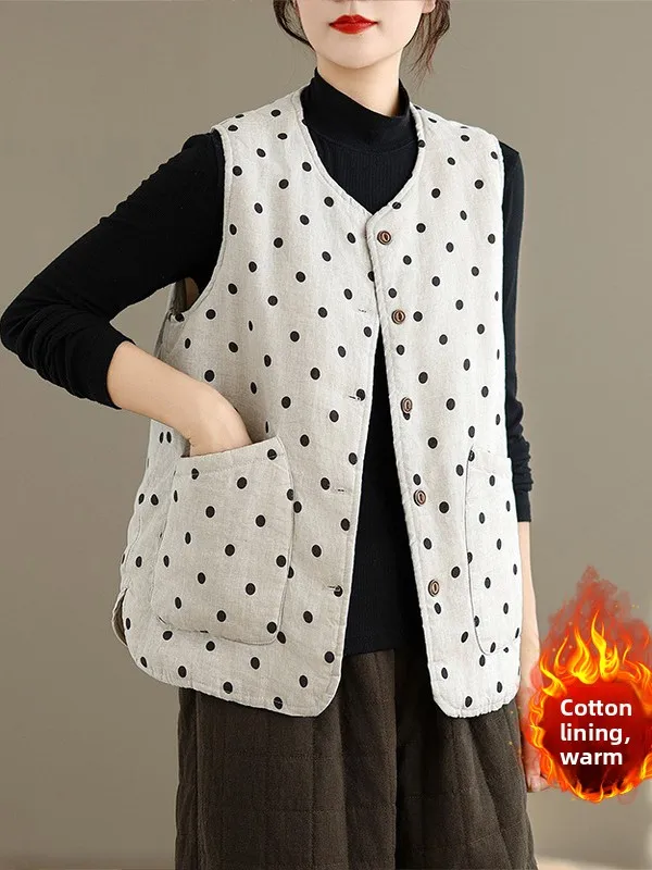 

Retro Polka Dot Cotton Liner Jaet Vest Warmth Large Size Women's Double ket Button Svel oulder Pad Coat