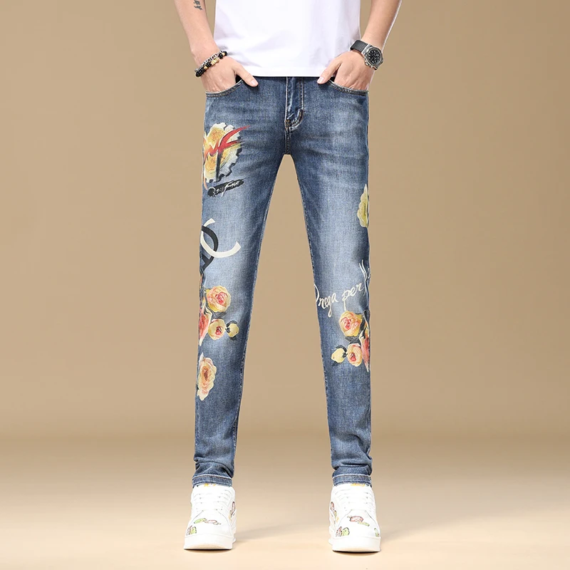 2024 New light luxury jeans men's fashion print slim fit small feet street trend Korean elastic high end denim pants