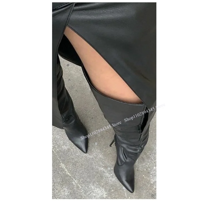 Black Matte Cut Out Zipper Boots Thin High Heel Pointed Toe Fashionable Sexy 2024 Winter Big Size Woman Shoes Zapatillas Mujer