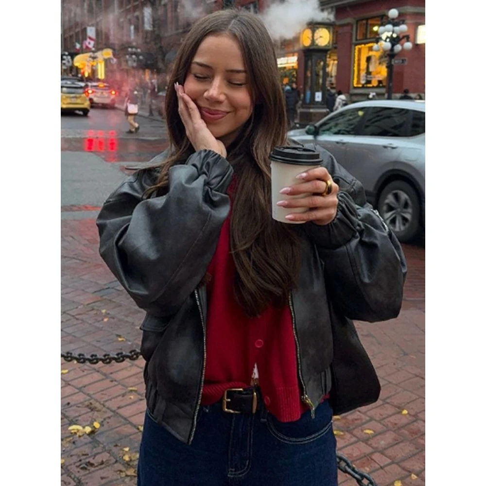 

New American Retro Casual Jaet Street Sle Commute Leather Coat Personali Cross-Border Loose Fit Long Sve Zipper