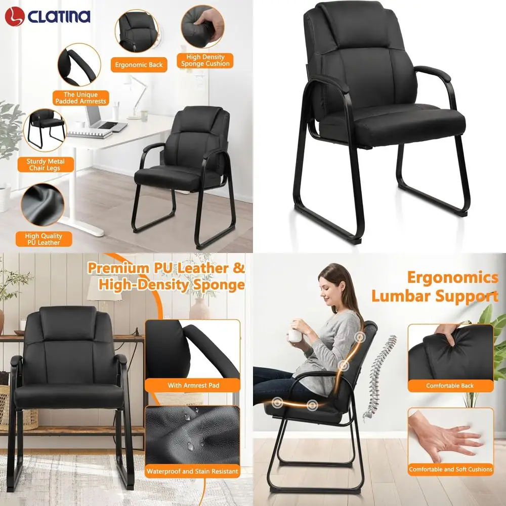 

Leather Upholstered Guest Chairs, Padded Armrests, Modern Sled Base, Ideal for Office, Meeting Rooms, Lobby, Living Rooms, Black