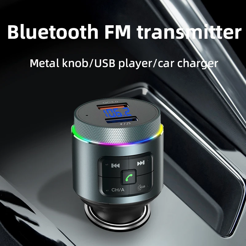 Automatic FM transmitter Bluetooth lossless U disk mp3 music player car charger QC3.0 hands-free call metal knob voltage display