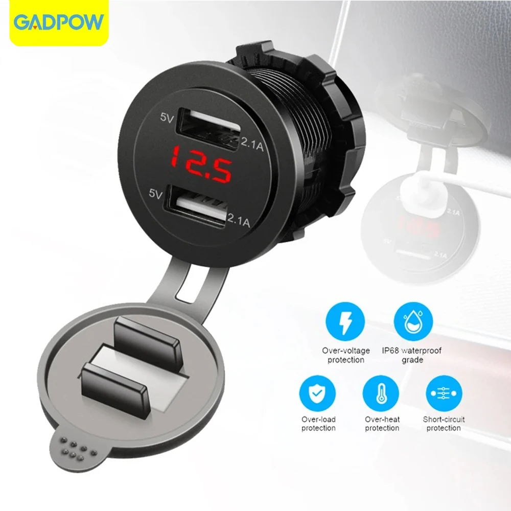 Gadpow Car Cigarette Lighter 4.2A Car Dual USB  Charger Socket 12V 24V Fast Charging LED Voltmeter Splitter Adapter